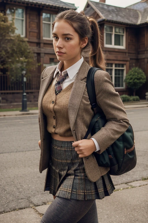 Girl, ponytail, brown hair, freckles, pleated skirt, modest, tweed jacket, plaid tie, leggings, backpack, mansion