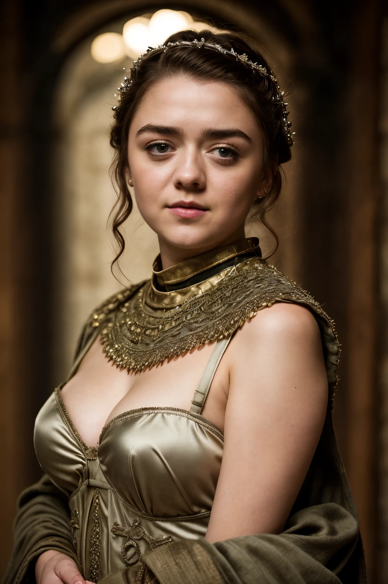 Foto RAW, Arya Stark, Stunning Beauty, Ravishing, Enchantress, Extremely gorgeous lady, Arya Stark PLAYED BY MAISIE WILLIAMS, Queen Arya Stark, she a mature woman now, milf, sexy mediaeval battle dress, gladiator woman, body, 40 years old Woman, Roman slave dress, cotton dress, busty mediaeval costumes, body revealing costumes, perky breast, big natural breast, erotic costumes, lusty physique, seductive figure can capture every people's attention, Game of thrones costumes, revealing captivating figure, Mediaeval costumes, revealing clothes, A tomboy, she would rather fence than dance, warrior queen , game of thrones screen caps, Game of Thrones Series, (pele altamente detalhada: 1.2), 8k UHD, DSLR, soft-lighting, alta qualidade, grain of film, Fujifilm XT3, flawless picture, highly detailed, detailed Beauty, intricate, 32k, sharp picture,