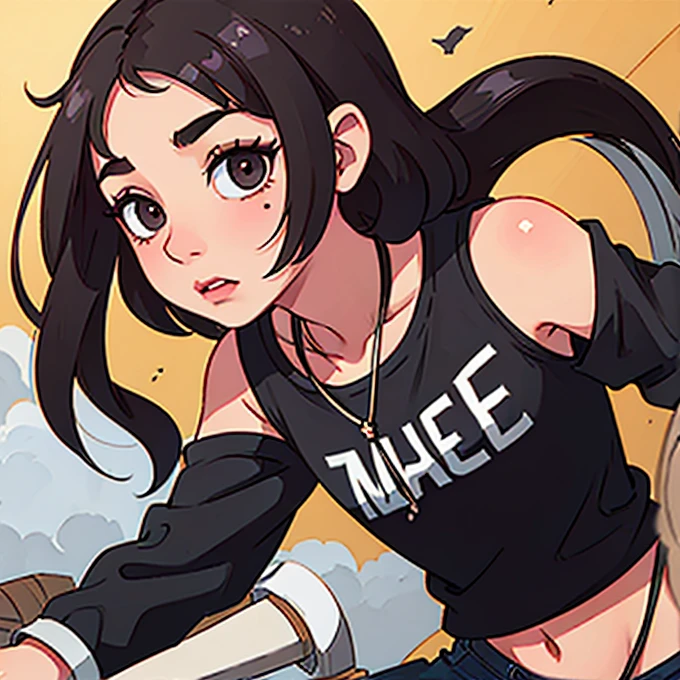 A girl from the state of Mexico with long, brittle dark brown hair with dark brown eyes who always has eyeliner in her eyes and has a black t-shirt on her shoulders and a pair of jeans with a mole on her forehead on the side. left on the top of her forehead and on her bottom lip and a winged mole on her cheek and an all-seeing triangle necklace