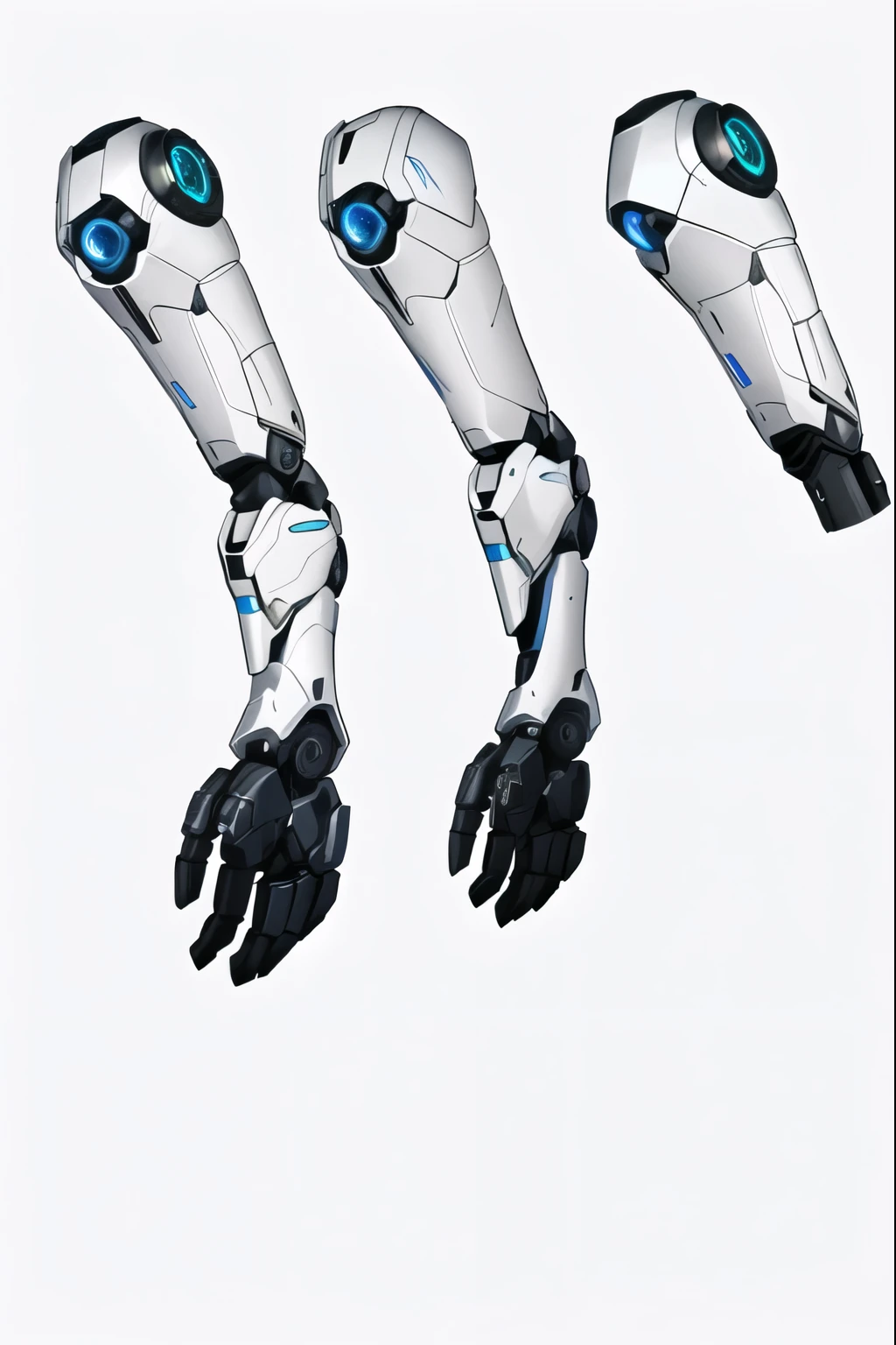 three robots with outstretched arms and outstretched hands, membros mecha, echo of surveillance, cyber limbs, detailed arms, tecnologia ciborgue no corpo e nas pernas, Mechanical limbs, arm in arm, inspirado em overwatch, surveillance project, robotic arms, human arms, realistic shaded robotic parts, of surveillance, Mechanical limbs, 2 arms, pernas grossas e lisas de Warframe