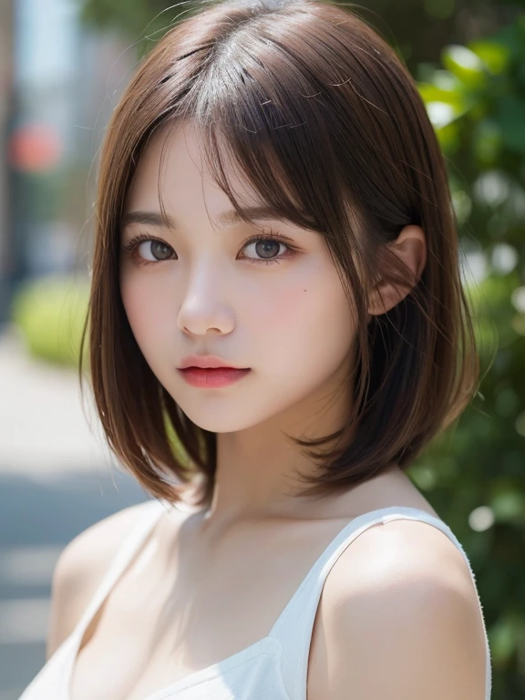 ((Browsing Caution))、(masterpiece:1.5)、(8k)、(Realistic:1.5)、RAW Photos、(Best image quality:1.4)、 highest quality、masterpiece、Perfect dynamic composition、 20-year-old、thin、Beautiful woman:1.4、Serious expression、 Light brown hair、Bobcut、Shiny Hair、 Highly detailed face、fine grain、double eyelid、 Natural color lip、Beautiful Skin,clear,Transparency,Fair skin,白い肌Beautiful Skin、beautiful girl、(masterpiece:1.3), (8k, Realistic, RAW Photos, Best image quality: 1.4), White panties、White camisole