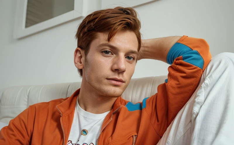 Futurama, fry, hiper realismo. Ambiente futurista. 28 year old man. Viste con chaqueta abierta de color naranja, camiseta blanca, blue pants. Cabello color naranja