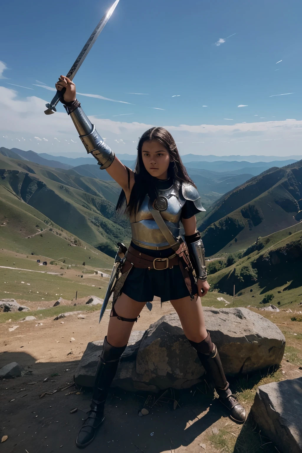 Situation: A picture of a young knight warrior, approximately 15 years old, climbing the top of a high mountain armed with an iron sword.
And that knight pulled out his sword. To be ready to fight the evil dragon demon that is capturing a princess who is about 15 years old.
clear