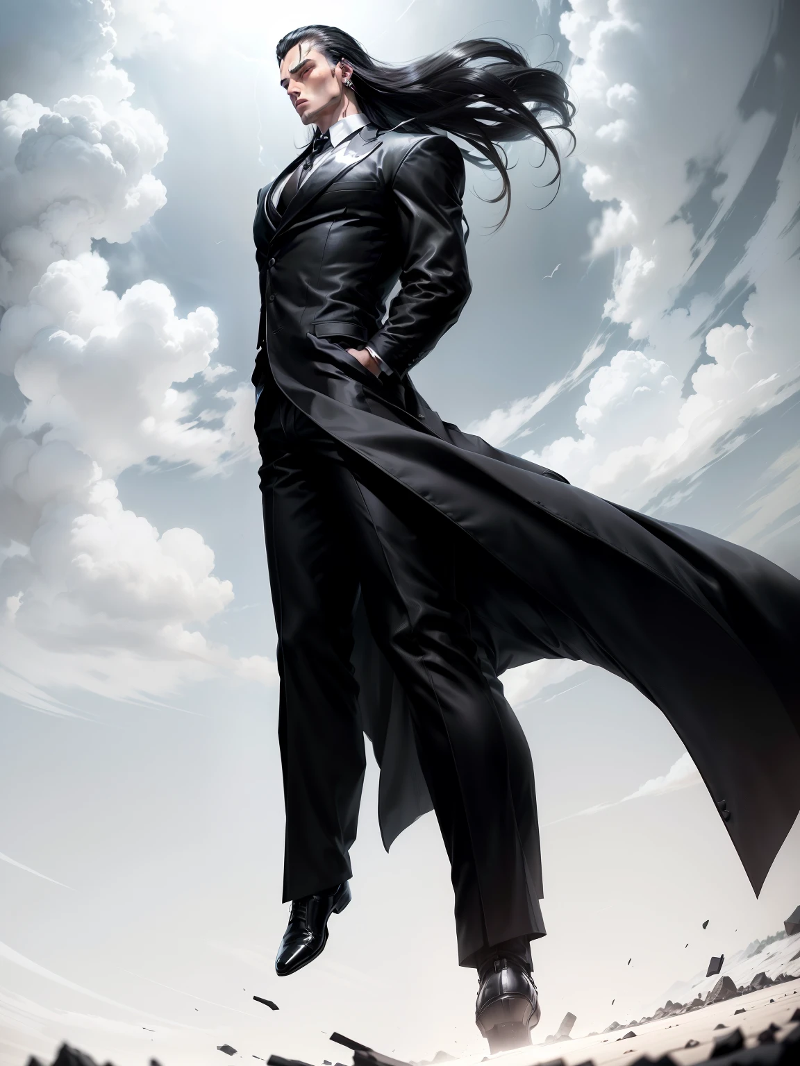 boys 26 Years old, Serious face, muscular, slick back long hair, wearing ((black long suits, white shirts, black ties, black pants)), high cut boots, ((hands behind back)), levitate in the air, cloud, blue sky 