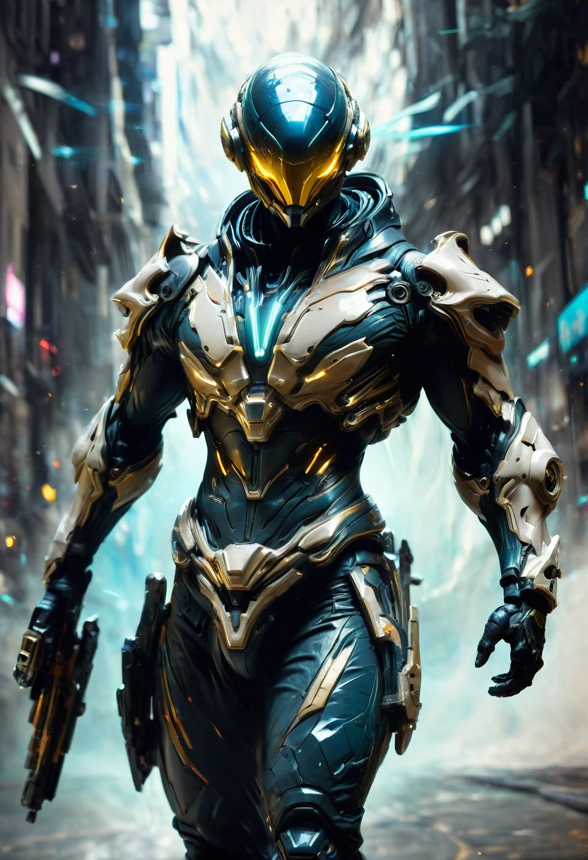 Tight Combat Suit, Warframe, weapon, run, Motion Blur, by Emmanuel Shiu, best quality, masterpiece, very aesthetic, perfect composition, intricate details, ultra-detailed