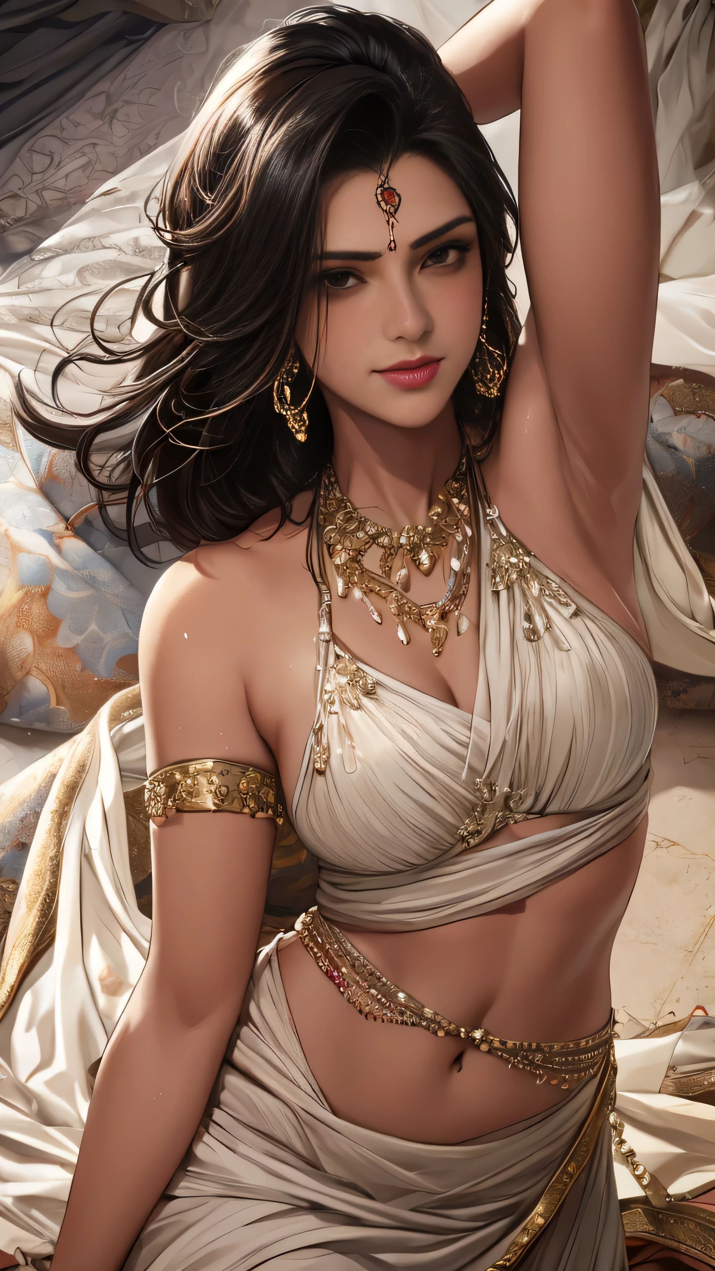 1girl,  female, flat chest,Indian religion, saree, armpits,sweaty,tall height, dark skin, smirk, Nose piercing, black hair,(masterpiece, best quality,highres), beautiful white skin, saree indian, dupatta  without clothes , only jewellery,navel, beautiful eyelashes,brown eyed, smelling armpits,high angle shot