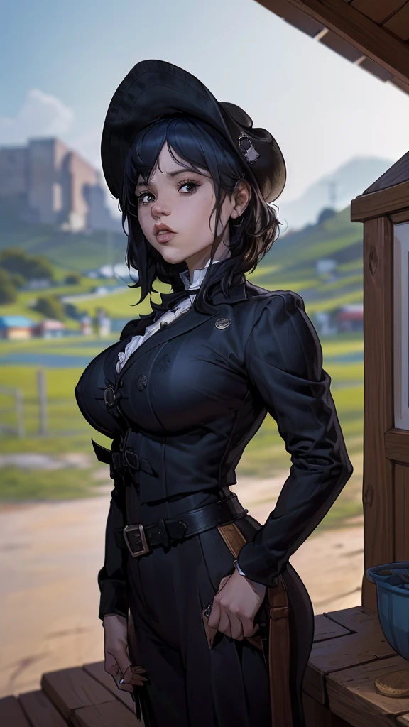 Uma garota, Sozinho, (busto, tronco, vista frontal:1.2), olhos pretos, Jenna Ortega, Capitão Jack Sparrow, pirata, pirata hat, pirata outfit, espartilho, (peito achatado, peito masculino, Seios pequenos, seios pequenos, decote, seios expostos:1.3), (Obra de arte, altamente detalhado, olhe para o visualizador, fundo cinza desfocado brilhante, fundo pulverizado gradiente, fundo desfocado:1.2)