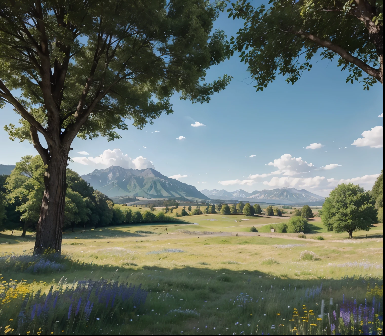 Peaceful Meadow: Anime scene of a wide, open meadow with tall grass swaying in the breeze, vibrant wildflowers scattered throughout, gentle sunlight, clear blue sky, distant mountains, detailed textures, realistic and vibrant, 8k, tranquil and refreshing atmosphere, cinema lighting.