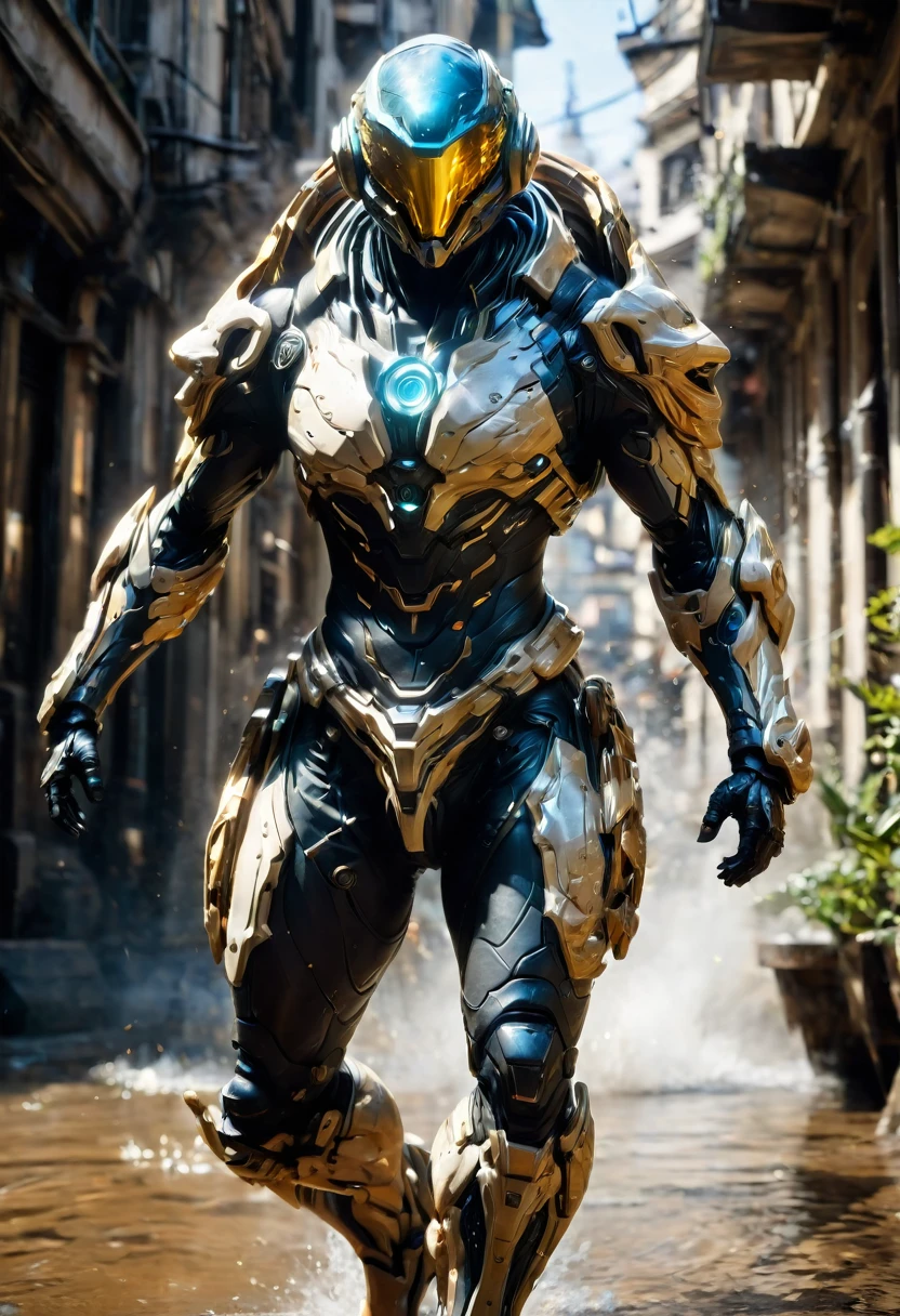 Tight Combat Suit, Warframe, weapon, run, Motion Blur, by Emmanuel Shiu, best quality, masterpiece, very aesthetic, perfect composition, intricate details, ultra-detailed