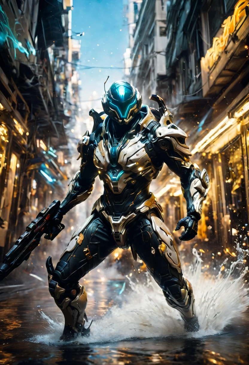 Tight Combat Suit, Warframe, weapon, run, Motion Blur, by Emmanuel Shiu, best quality, masterpiece, very aesthetic, perfect composition, intricate details, ultra-detailed