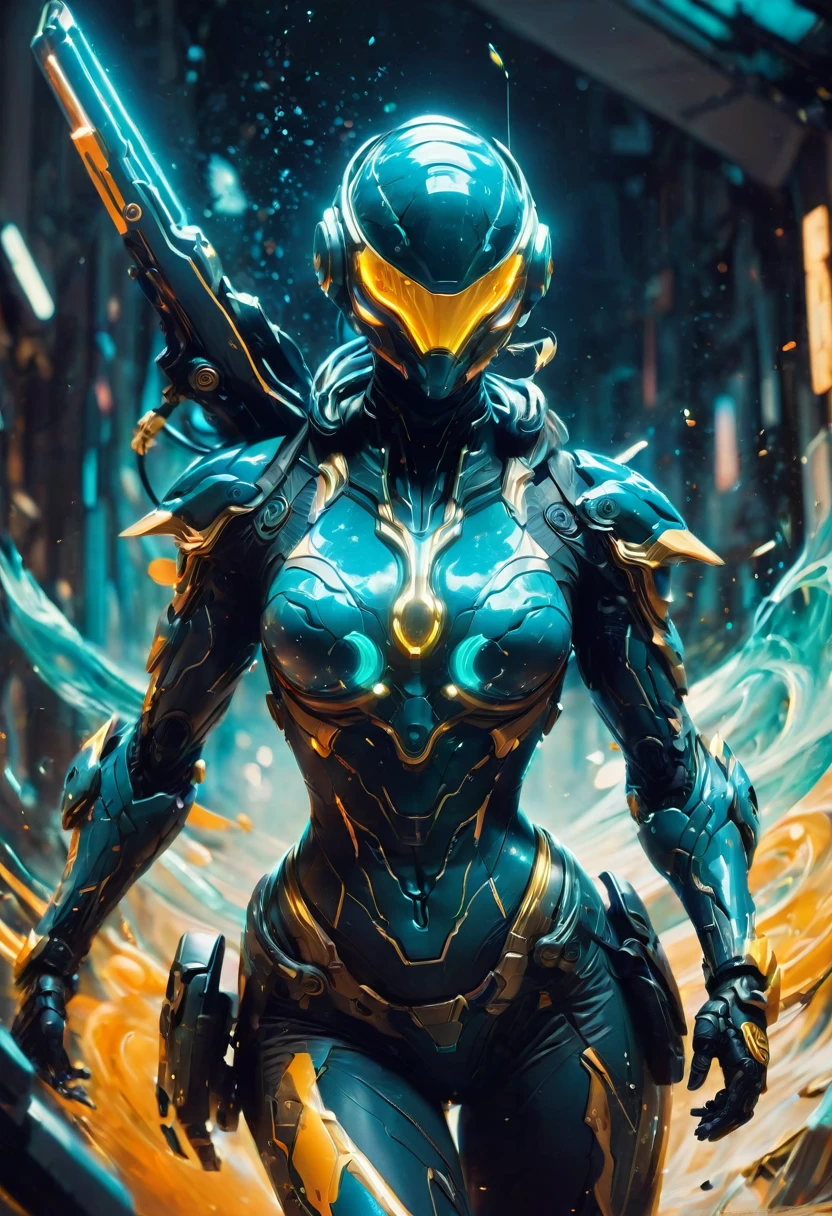 Tight Combat Suit, Warframe, weapon, run, Motion Blur, by James Gilleard, best quality, masterpiece, very aesthetic, perfect composition, intricate details, ultra-detailed