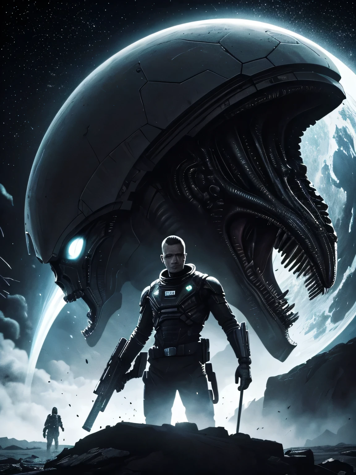 giant alien monster on the planet inside the spaceship Sigourney Weaver she using a huge gun to kill alien,explosion, "The long-awaited and even more horrifying continuation of the Alien trilogy Get ready to delve even deeper into the dark world of Alien with the second and long-awaited volume of the horror trilogy that remains, Science fiction. Resgatando o clima de suspense dos filmes, Alien sea of anguish promises to bring back terrifying monsters, naves espaciais, androids and one of the greatest heroines who conquered an entire generation: until his own past comes back to haunt him. Time ago, seu pai combateu os Aliens, awakening a bloody revenge that was never completed. Until the creatures swore revenge on the Beautiful line art, black and white comic style, manga art style, pencil and ink caricature drawing, black and white coloring,arte vector preto e branco