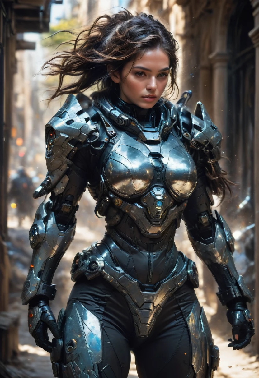 Tight Combat Suit, weapon, run, Motion Blur, by Duncan Fegredo, best quality, masterpiece, very aesthetic, perfect composition, intricate details, ultra-detailed