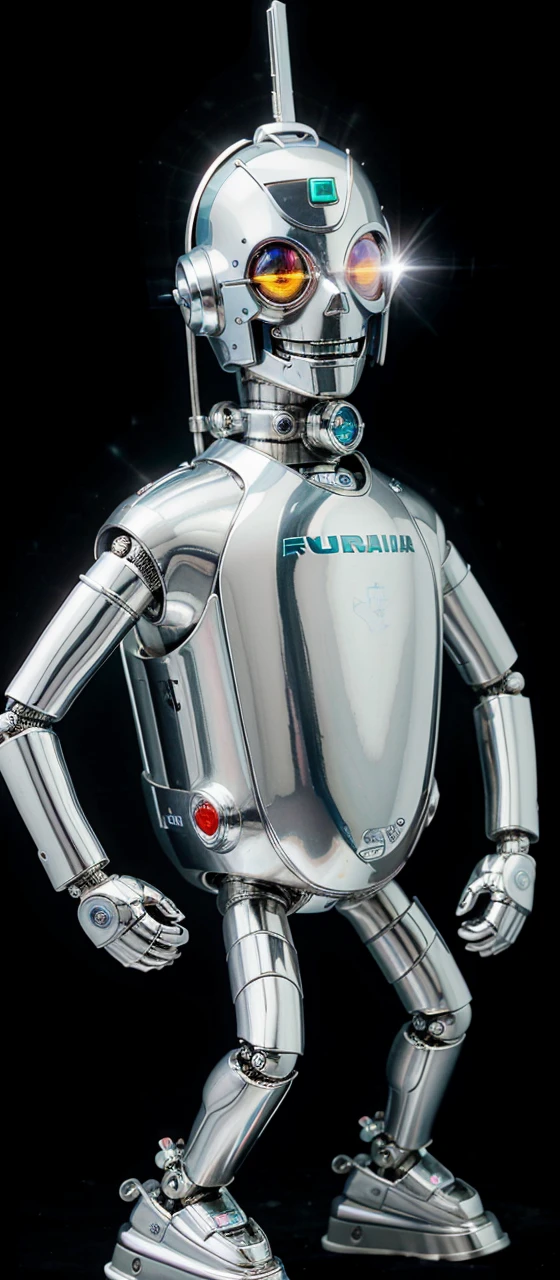 Futurama, bender. Robot colo plata brillante. Con un pico en la cabeza. Ojos grandes. Futurista. Ambiente futurista
