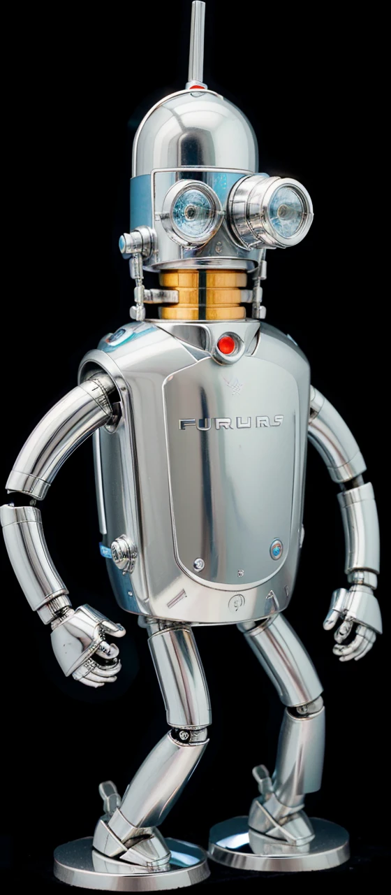 Futurama, bender. Robot colo plata brillante. Con un pico en la cabeza. Ojos grandes. Futurista. Ambiente futurista