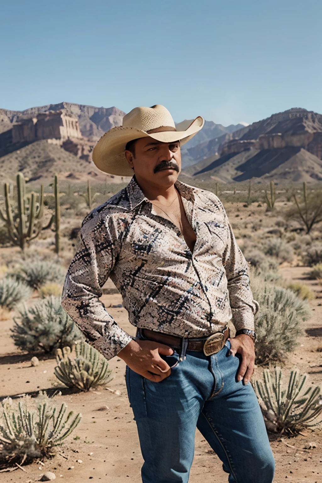 Mexico
Mafioso Name: Alejandro "El Jefe" Ruiz
Description: A robust man with a thick mustache, cowboy hat, patterned shirt and jeans. He is on a ranch with a desert scene in the background.
AI Prompt: Create an image of Alejandro "El Jefe" Ruiz, a Mexican mobster with a thick mustache, cowboy hat, patterned shirt, jeans, on a ranch with a desert backdrop in the background.