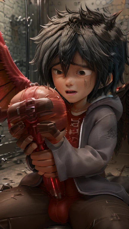 A young boy with devil-like wings is wearing a hero suit,Mouth wide open with expression of pain,Sweating and drooling profusely,Semen dripping from his huge erect penis,A strong, well-trained body like a bodybuilder,A large amount of ,Orgy,self-sucking,Bakugou,Hero Suit