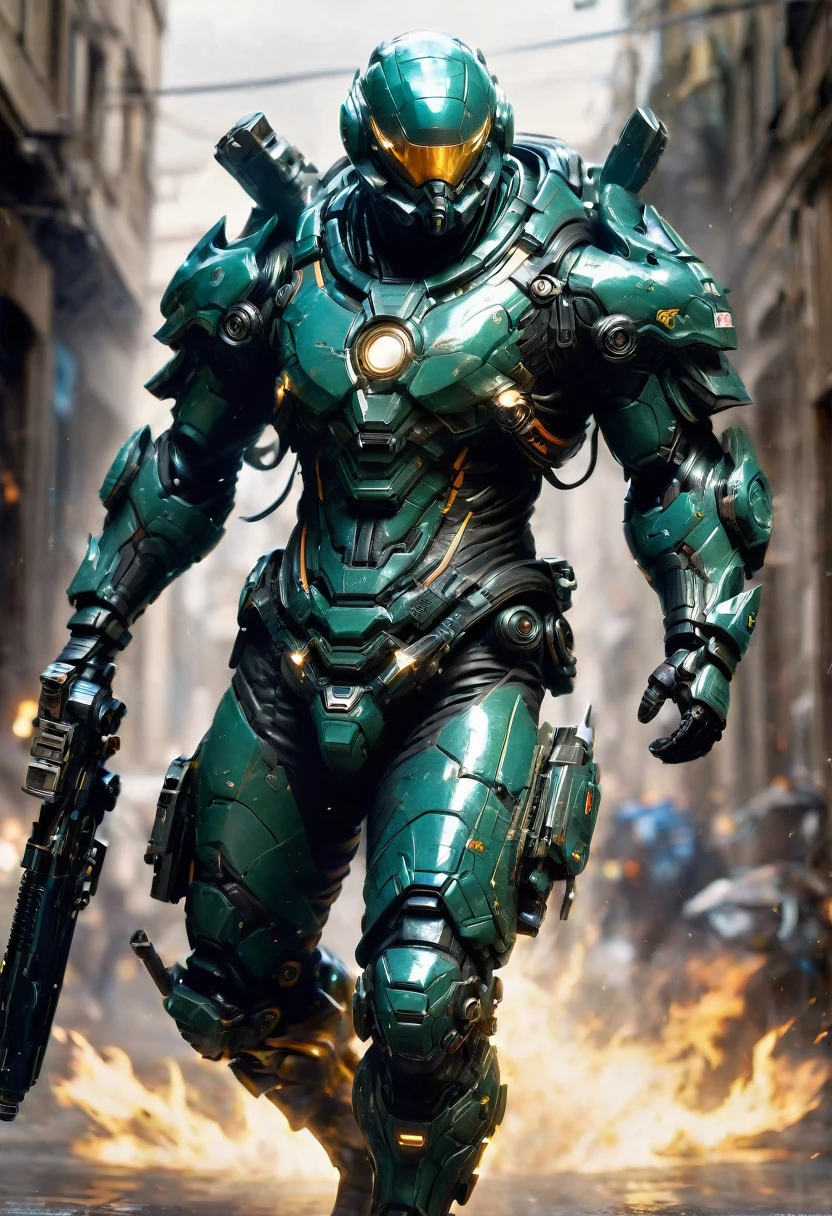 Tight Combat Suit, weapon, run, Motion Blur, by Arik Brauer, best quality, masterpiece, very aesthetic, perfect composition, intricate details, ultra-detailed