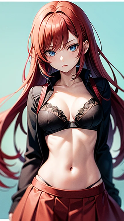 An anime girl with red hair and blue eyes wearing a skirt and an open shirt revealing a black and red bra