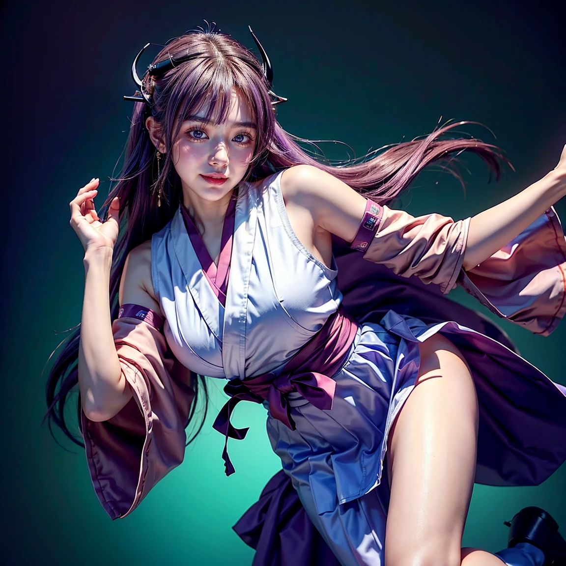 ultra-detailed, Explicit, Beautiful body, Beautiful Nose, Beautiful character design, perfect eyes, perfect face, ultra highres, 16K, beautiful legs, perfect legs, Nice hands, Perfect hand, Masterpiece, Best Quality, Highly detailed, illustration, absurdres, perfect anatomy, expression of joy, glowing eyes, looking at viewer, mystic aura, female priestess, full body, goddess-like, happy trance, perfect female body, smile, japanese clothes, miko, black miko, detached sleeves, hakama, hakama skirt, black hakama, ribbon-trimmed sleeves, joyful eyes, horns, extending the right arm from the shoulder into the air with a straightened hand, 1girl, hair ornaments, purple hair, long hair, purple eyes, (((pixel-perfect, detail-perfect))), solo, 1girl, Hanyuu, higurashi when they cry, umineko when they cry, medium sized natural breasts, taller, tall woman, big, 40 years old