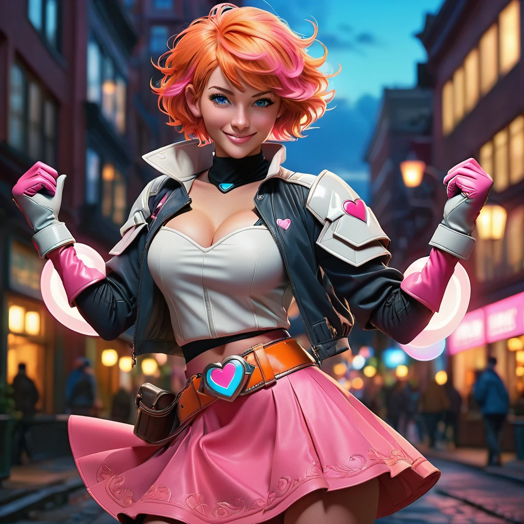 1girl,cowboy shot, beautiful nora_valkyrie, looking at viewer, smile, short hair, blue eyes,heart cutout, gloves,  jacket, pink skirt, pink belt, short sleeves, puffy sleeves, single armband, fingerless gloves, orange hair, pink gloves, dynamic pose, night, outdoors, city, (volumetric lighting), best quality, masterpiece, intricate details, tonemapping, sharp focus, hyper detailed, trending on Artstation,