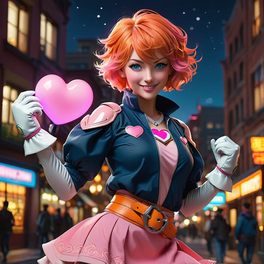 1girl,cowboy shot, beautiful nora_valkyrie, looking at viewer, smile, short hair, blue eyes,heart cutout, gloves, jacket, pink skirt, pink belt, short sleeves, puffy sleeves, single armband, fingerless gloves, orange hair, pink gloves, dynamic pose, night, outdoors, city, (volumetric lighting), best quality, masterpiece, intricate details, tonemapping, sharp focus, hyper detailed, trending on Artstation,