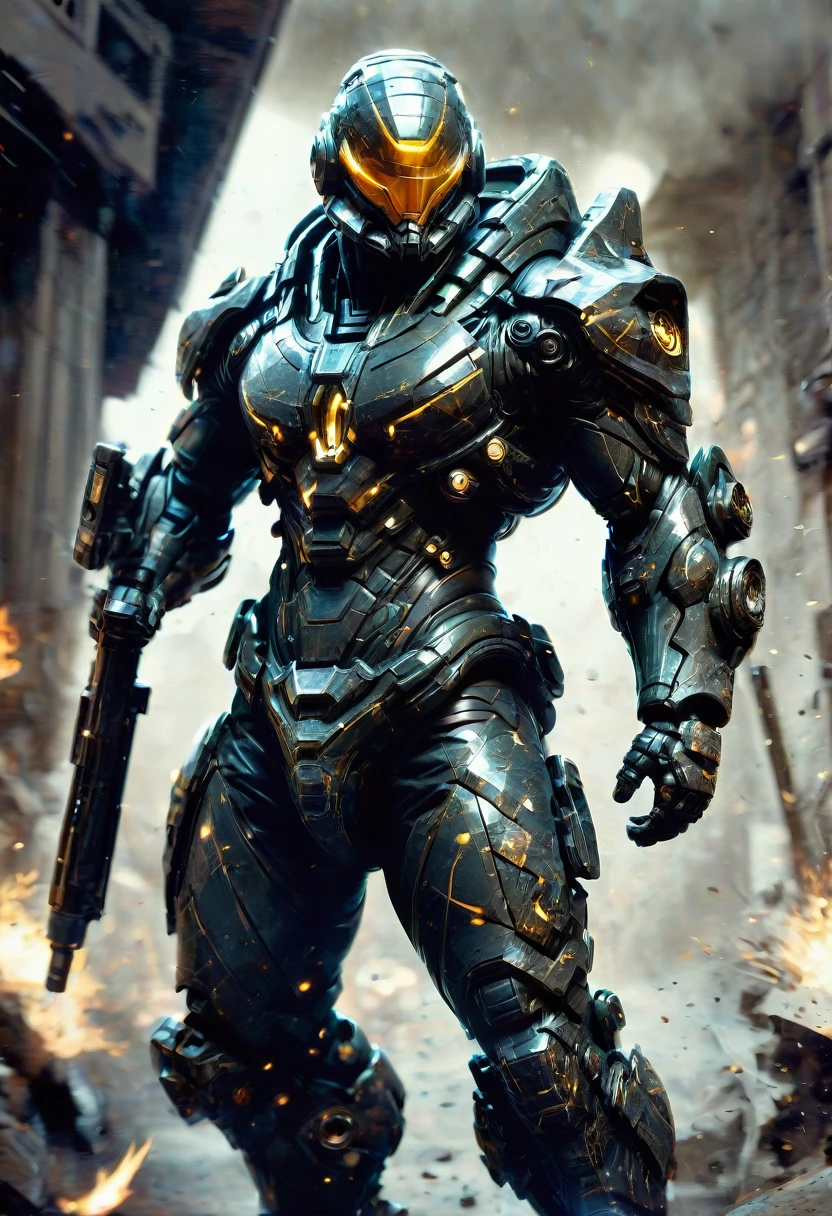 Tight Combat Suit, weapon, run, Motion Blur, by Hariton Pushwagner, best quality, masterpiece, very aesthetic, perfect composition, intricate details, ultra-detailed