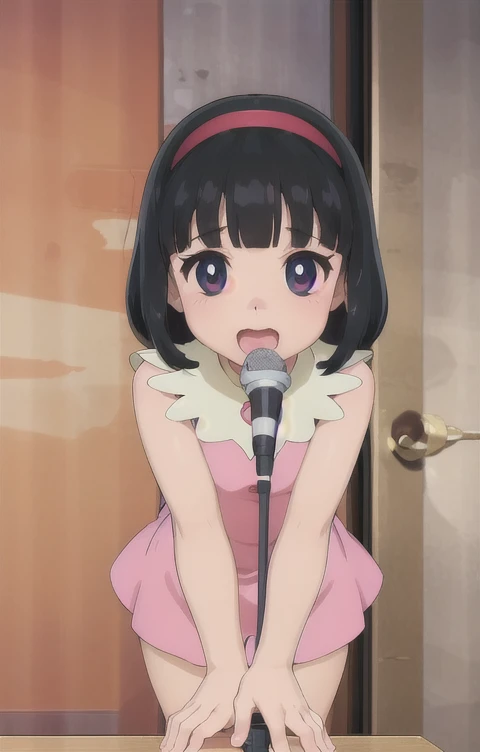 asakura_yume,Brown Hair,Normal chest,Aqua Eye,White skin,(((Karaoke store))),((Sitting)),((((Bust up shot)))),(((((green_Summer Dresses))))),((valley)),No bra,smile,Open your mouth,