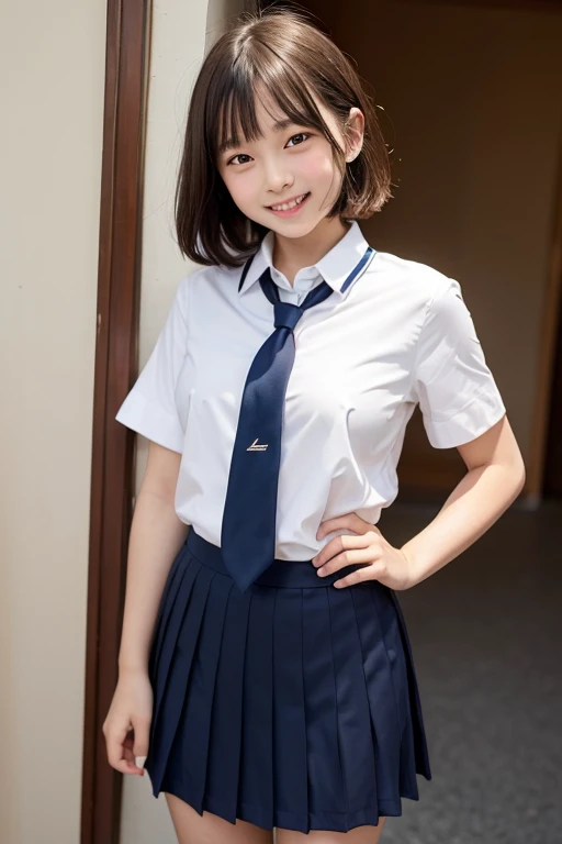 (One girl), 、Cute Face, Short Bob Cut、(uniform、Red tie、Pure white blouse、Knee-length navy blue pleated skirt:1.3)、Small breasts、 I laugh because I&#39;m happy、Focus on the girl、Cowboy Shot、、highest quality, Realistic, RAW Photos, Professional photography, Sitting on the bed