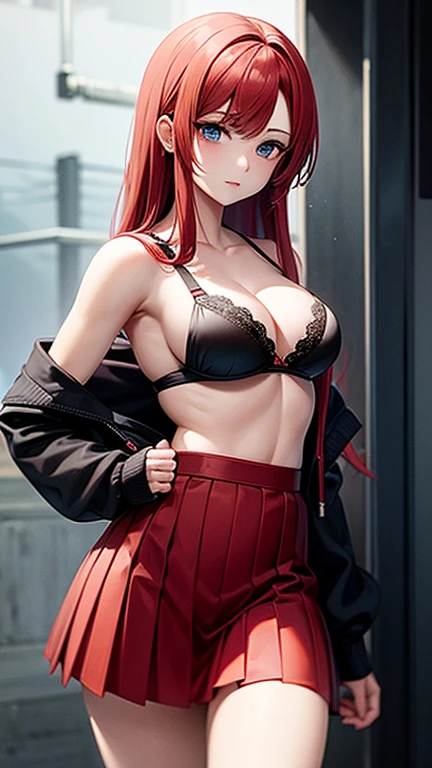 An anime girl with red hair and blue eyes wearing a skirt and an open shirt revealing a black and red bra