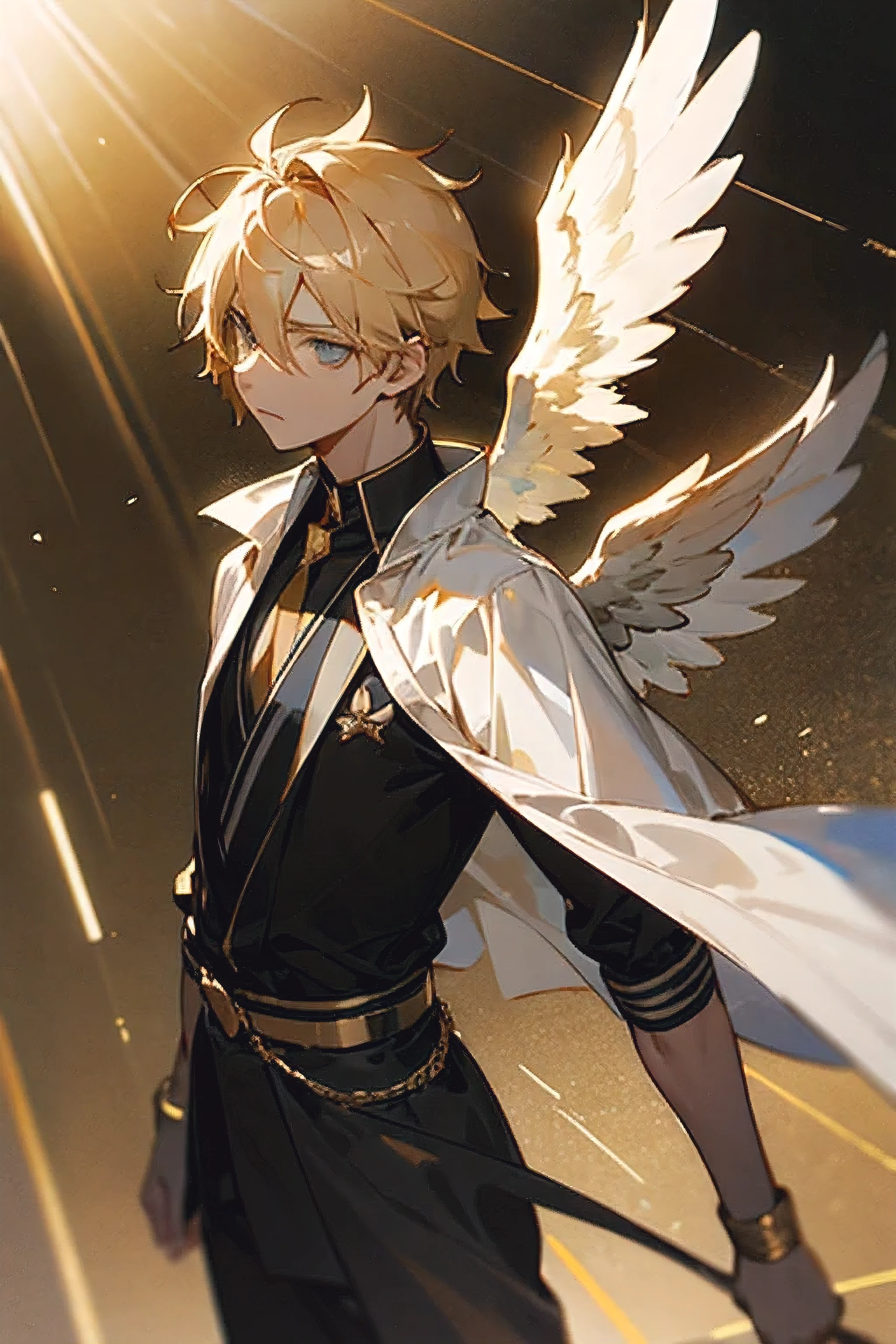 A male angel who is surrounded by a dark environment and small rays of golden light come down from the sky 