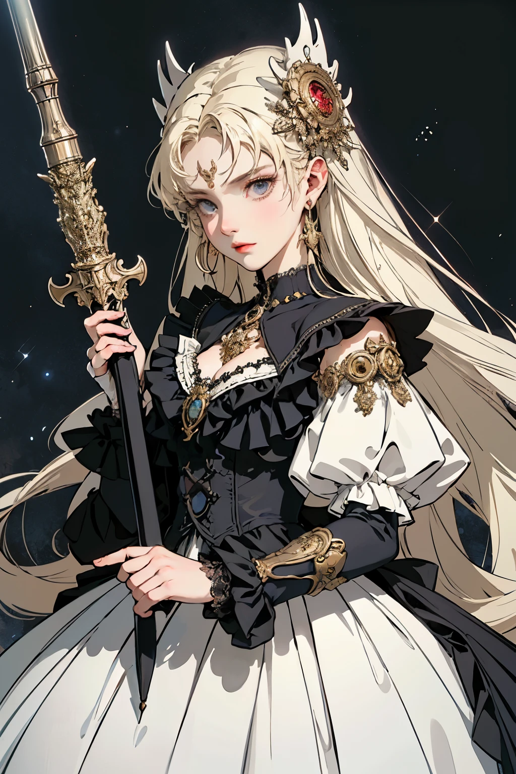 ((best quality)), ((masterpiece)), (detailed), blank white background, plain background, white background, Bloodborne inspired,  occult aesthetic, occult, detailed and intricate steampunk and detailed gothic, (zentangle, mandala, tangle, entangle),  NSFW, torn clothing, Very dramatic and cinematic lighting, cosmic horror, grim-dark, side-lighting, perfect face, a beautiful goddess adorned and enshrined in armour, Bloodborne inspired , occult aesthetic , occult , detailed and intricate steampunk and detailed gothic , wielding a sword and holding a shield, NSFW, Fluttering lace flared long knee length dress with frilly petticoats, knee length dress, pleated petticoats, lolita dress, petticoats gothic lolita, side-lighting, gothic lolita aesthetic, beautiful small breasts, small breasts, full body, whole body, body, plain background, white background, blank background, no background, white background NSFW, full body, whole body, head-to-toe