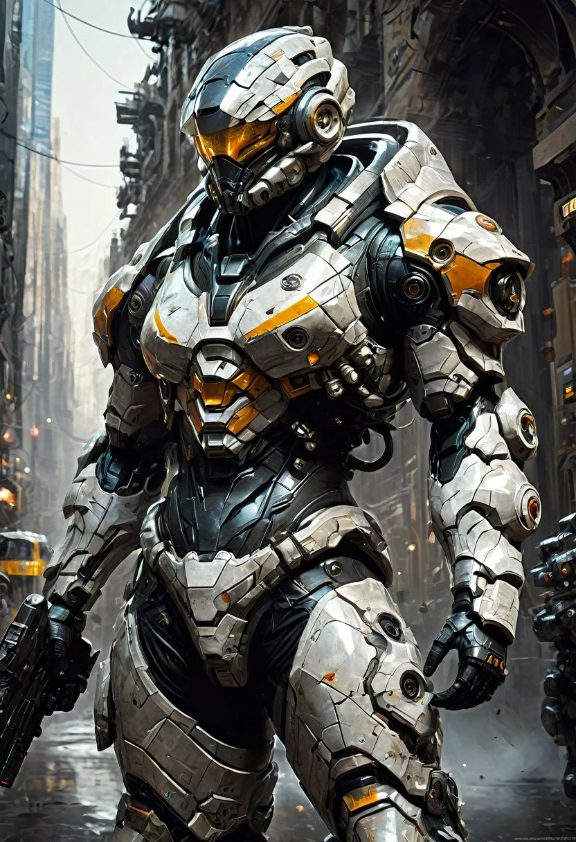 Tight Combat Suit, weapon, by Chris_Foss, best quality, masterpiece, very aesthetic, perfect composition, intricate details, ultra-detailed