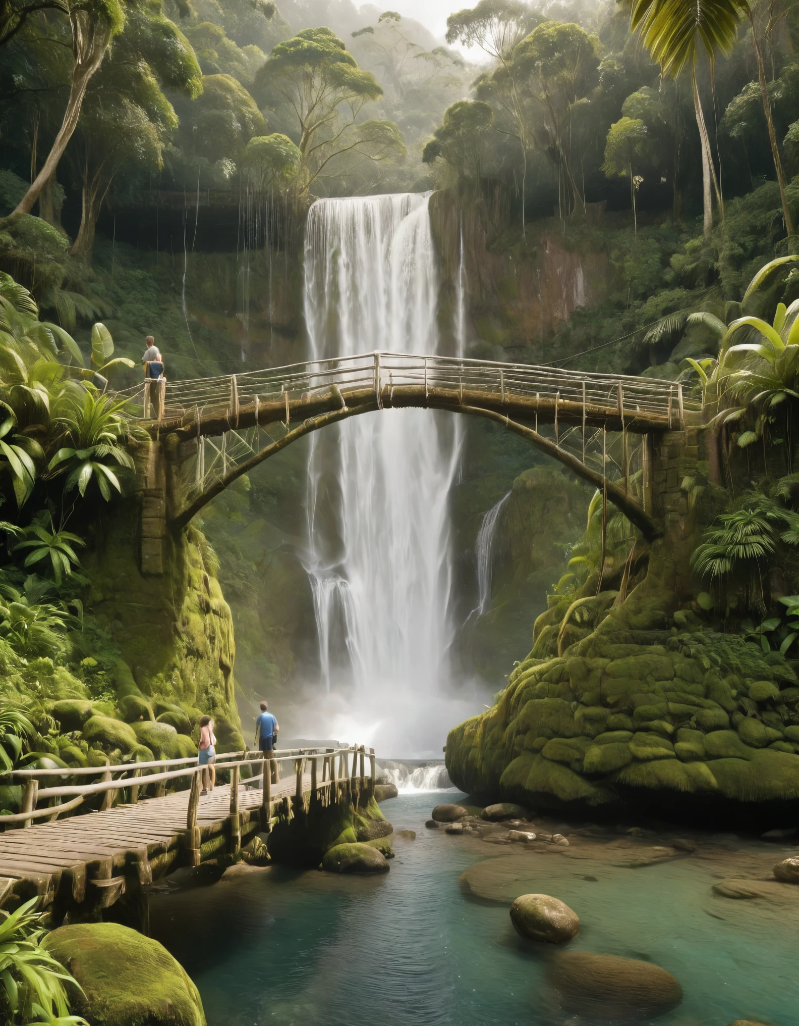 two adventurers, male and female, standing on a rustic wooden bridge in front of a tall, cascading waterfall set in a lush, tropical rainforest. The scene is misty with sunlight filtering through the dense canopy above. Both adventurers are holding giant condoms around their bodies. One is standing with a relaxed posture, looking at the waterfall, while the other is looking at their companion, engaged in conversation. The environment is rich with green foliage and moss-covered rocks, and the atmosphere feels cool and refreshing. The bridge appears worn and natural, made from logs and planks, adding a sense of adventure and exploration. The overall scene should capture a sense of excitement, nature, and tranquility. Distant full body view, hyper realistic, vibrant colors, 8k