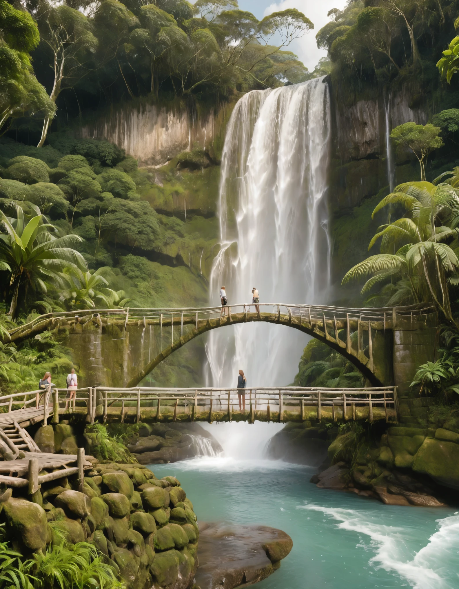 two adventurers, male and female, standing on a rustic wooden bridge in front of a tall, cascading waterfall set in a lush, tropical rainforest. The scene is misty with sunlight filtering through the dense canopy above. Both adventurers are holding giant condoms around their bodies. One is standing with a relaxed posture, looking at the waterfall, while the other is looking at their companion, engaged in conversation. The environment is rich with green foliage and moss-covered rocks, and the atmosphere feels cool and refreshing. The bridge appears worn and natural, made from logs and planks, adding a sense of adventure and exploration. The overall scene should capture a sense of excitement, nature, and tranquility. Distant full body view, hyper realistic, vibrant colors, 8k