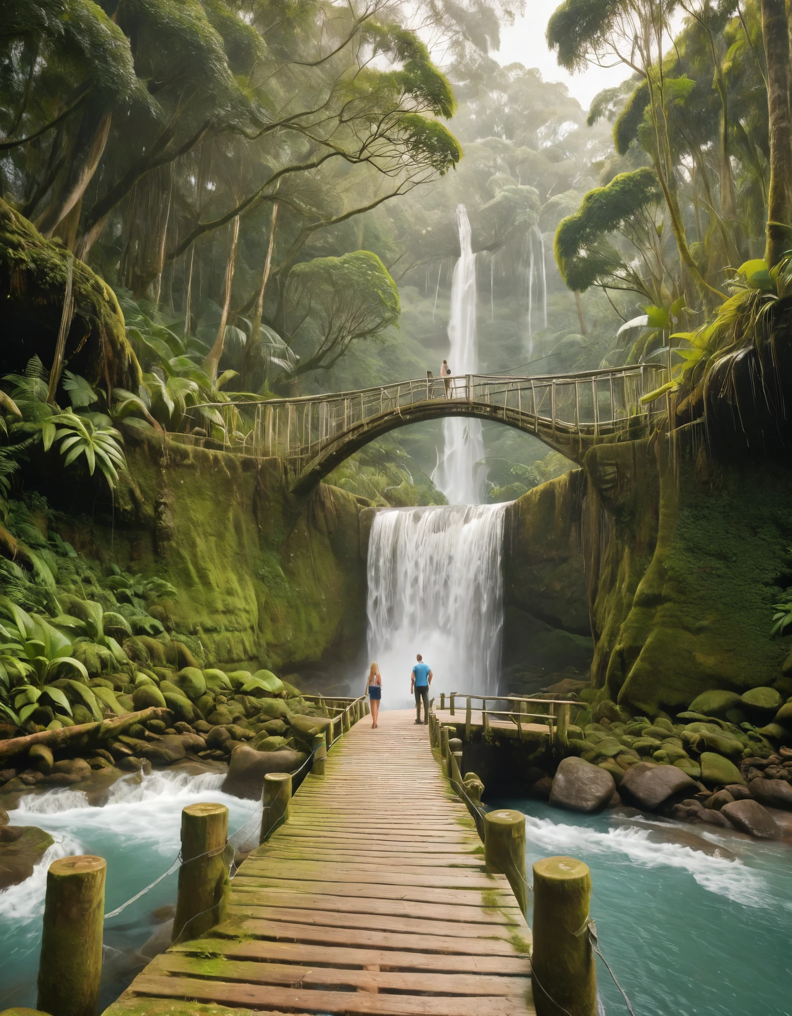 two adventurers, male and female, standing on a rustic wooden bridge in front of a tall, cascading waterfall set in a lush, tropical rainforest. The scene is misty with sunlight filtering through the dense canopy above. Both adventurers are holding giant condoms around their bodies. One is standing with a relaxed posture, looking at the waterfall, while the other is looking at their companion, engaged in conversation. The environment is rich with green foliage and moss-covered rocks, and the atmosphere feels cool and refreshing. The bridge appears worn and natural, made from logs and planks, adding a sense of adventure and exploration. The overall scene should capture a sense of excitement, nature, and tranquility. Distant full body view, hyper realistic, vibrant colors, 8k