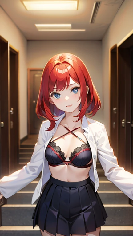 An anime girl with red hair and blue eyes wearing a skirt and an open shirt revealing a black and red bra