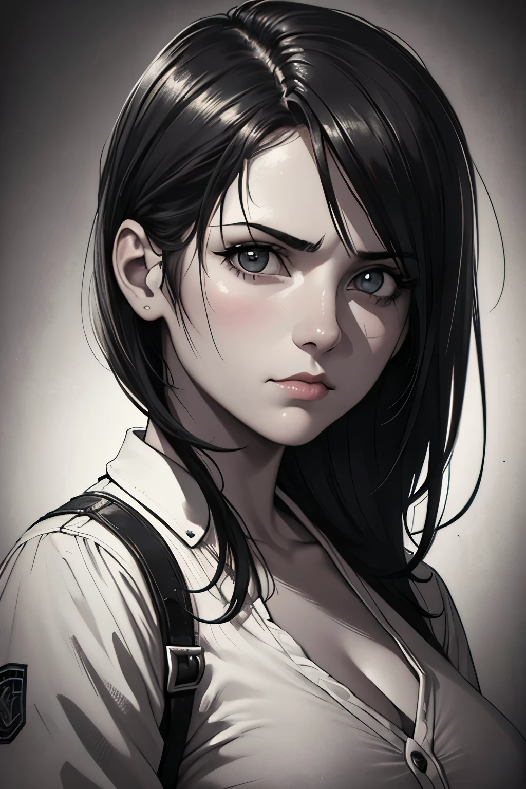 A girl in a mugshot, sketch, black and white, detailed features, cute, vintage style, high contrast lighting, expressive eyes, tousled hair. (best quality, highres, realistic:1.37), vintage, monochrome, intense gaze, dramatic lighting, rugged background, distressed paper texture, retro vibes, id photo, front view