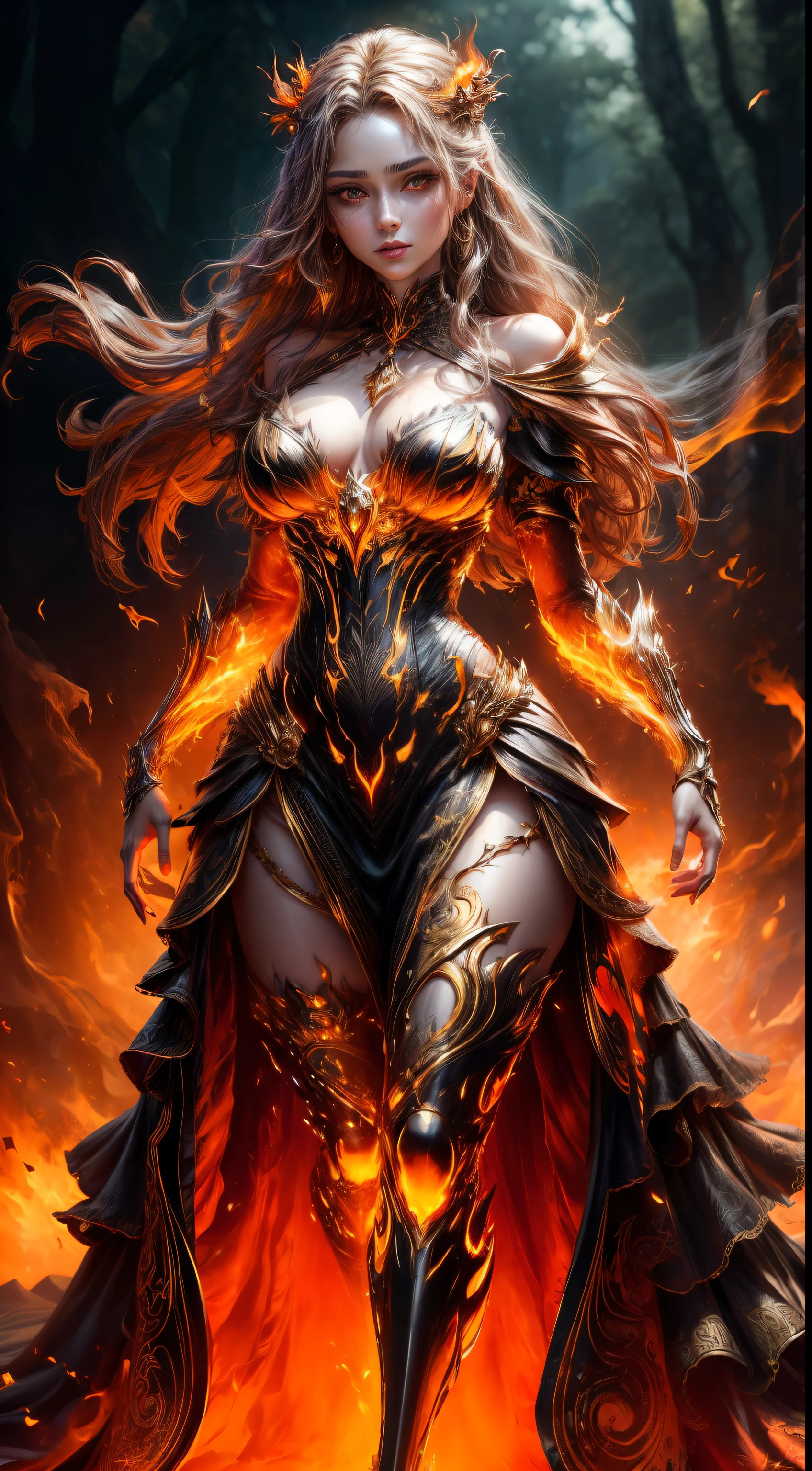 8k.ultra8k.best.gteatest.This is a realistic fantasy artwork prominently featuring realistic fire, including wisps of flames, glowing hot embers, subtle curls of smoke, and a beautiful fire druid. The druid stands in the midst of a raging inferno with an interesting composition. Her face is expertly sculpted, with elegant and refined features and perfect shading and realistic skin texture. Her (orange and gold eyes) are stunning and are the focal point of this image. (Her eyes extremely detailed, beautiful detailed eyes, and macro). Her eyes feature intricate detailing with clearly defined irises and bright sclera. Her soft lips are smooth and very puffy, and her skin is adorned with a light flush and ornate fire detailing. Her long gown is stunning and expensive, and is made of pure flames and glittering, ornate jewels that glimmer in the fire light. Her billowing gown glitters from the flames and features a delicately and intricately embroidered bodice with wisps of flames running across it. Include fantasy elements like bumps, stones, fiery iridescence, glowing embers, silk, and an interesting background. Include fiery magical creatures such as fiery birds and fiery butterflies that give off a magical and mystical aura. Lighting: Utilize the latest trends in lighting to enhance the artwork's beauty. Camera: Utilize dynamic composition to create a sense of urgency and excitement. Take inspiration from the current masters of the fantasy genre, including trending artists on Artstation and Midjourney. ((masterpiece))