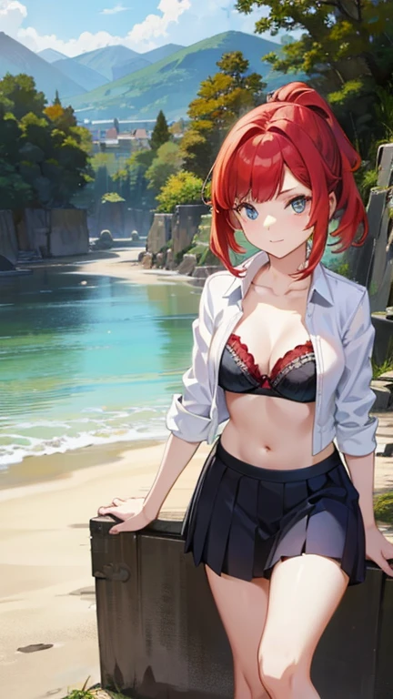 An anime girl with red hair and blue eyes wearing a skirt and an open shirt revealing a black and red bra