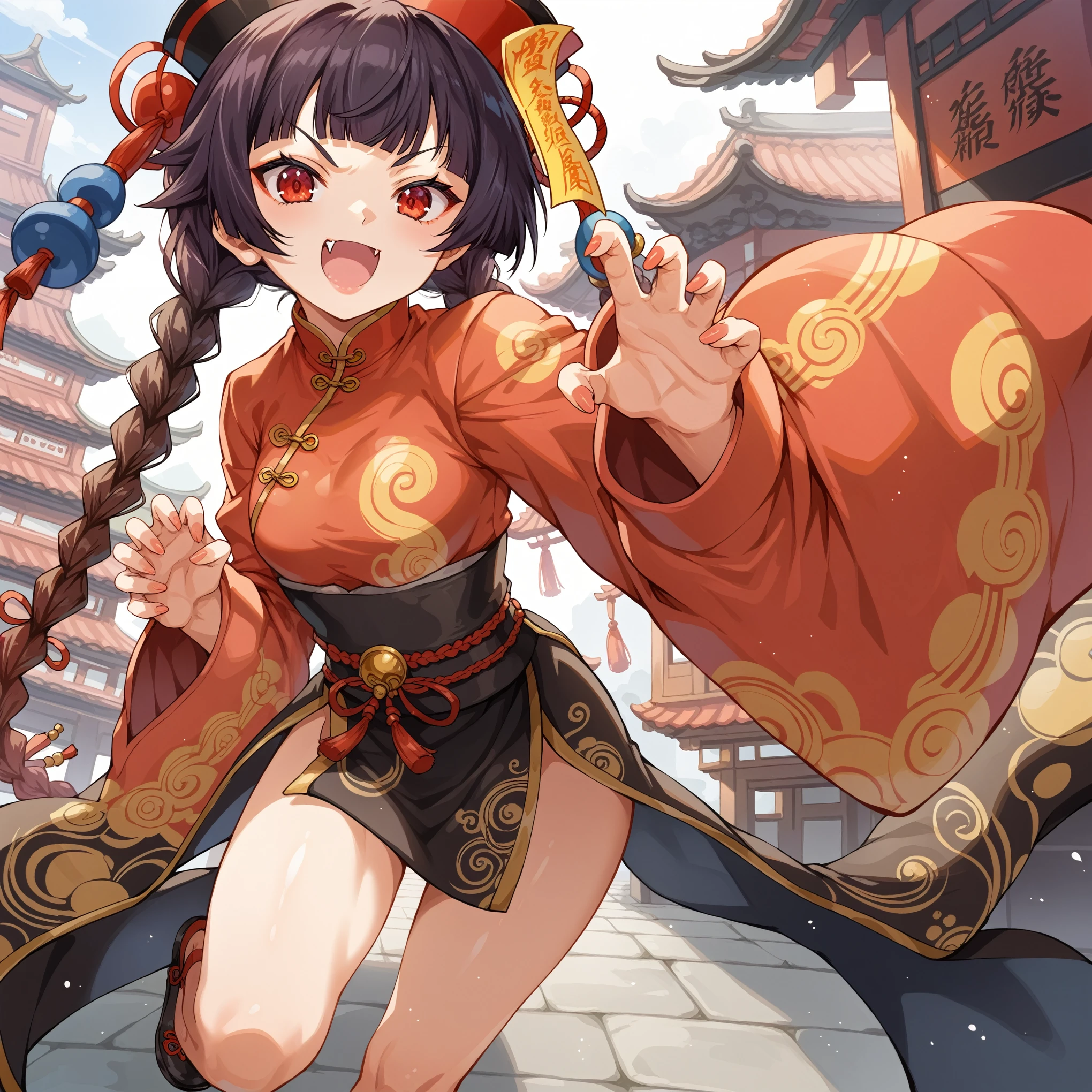 score_9, score_8_up, score_7_up, source_anime,masterpiece, best quality, high resolution, extremely detailed CG, absurdres, highres, 1girl, solo, jiangshi, twin braids, blunt bangs, red eyes, qingdai guanmao with a ofuda, Chinese clothes, claw, ((kung fu pose)), small fangs, cute, kawaii, better_hands, sunglass on head, China building in background