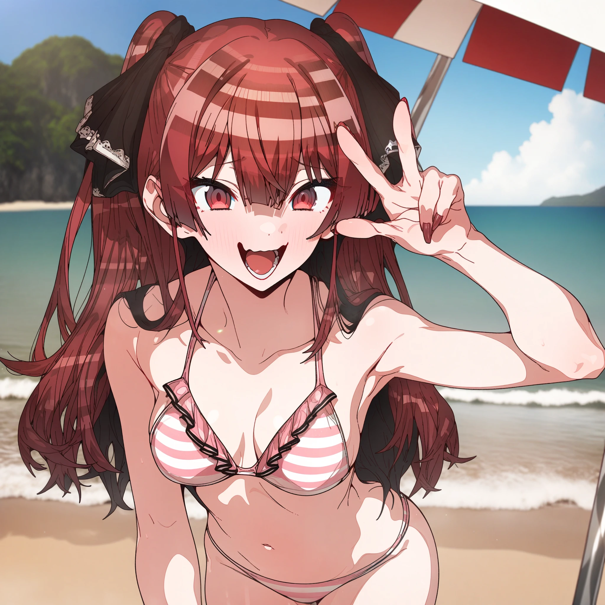 houshou_marine, Artist, erere, Copyrights, idolmaster, idolmaster_shiny_colors, Character, General, 1girl, red_hair, blunt_bangs, blush, large_breasts, breasts, smile, brown_eyes, censored, long_hair, striped bikini, pink_bikini, frilled_bikini, navel, open_mouth, raised_eyebrows, teeth, two_side_up, (full_body) (standing in middle of beach, beach_umbrella), sky, [detailed, sand, outdoors], looking_at_viewer, facing_viewer, masterpiece, best_quality, great_quality, girl, solo, center_composition, centered character, v_over_eye
