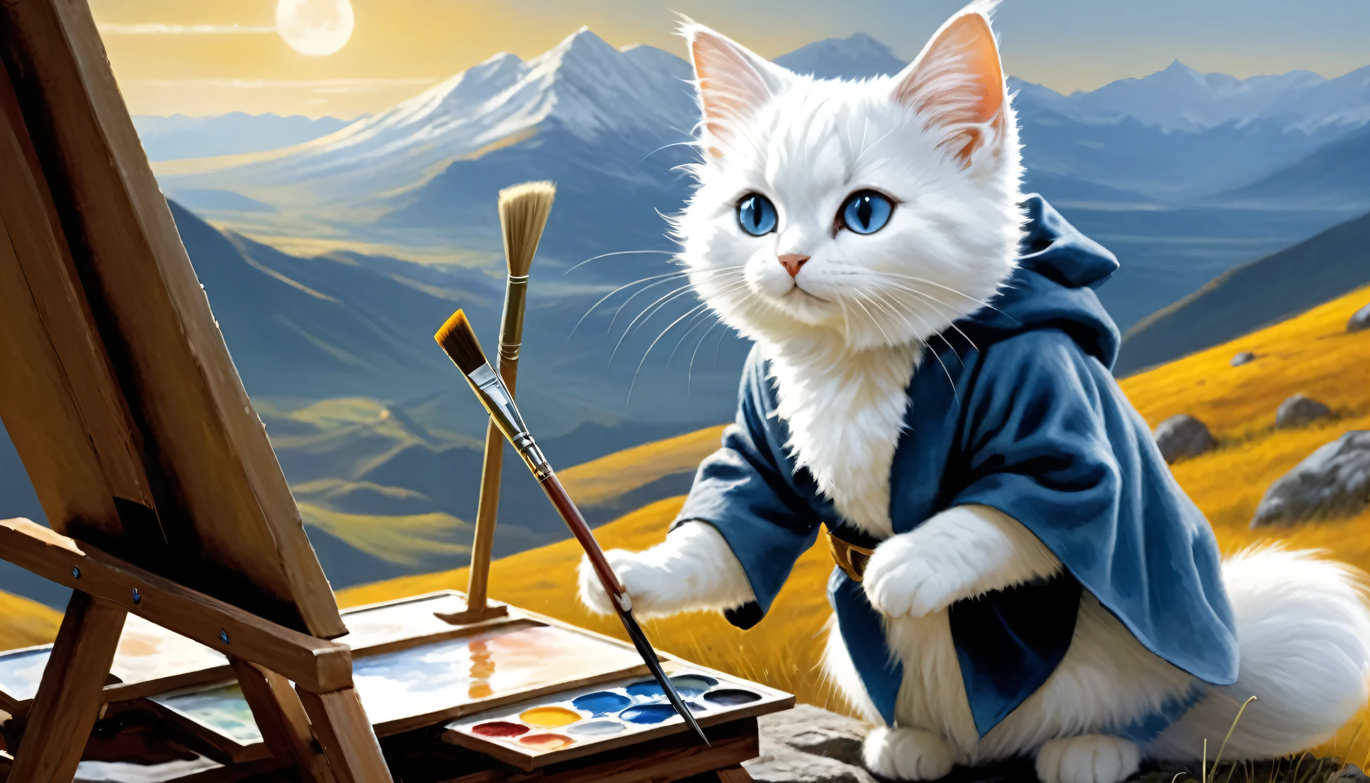 Costumed, wearing a witch's robe, little cute creature, the cute creature turned painter is holding a brush and painting on a canvas leaning against an easel, mountains and a morning sun in the background, fantasy art, exquisite detail, Jean-Baptiste Monge style, Alan Lee style, anthropomorphic white cat with blue eyes, movie scene, dramatic shot angle, atmospheric particles, realistic, raw cinematic photorealism, action portrait, 8k, detailed, full frame, highly detailed,