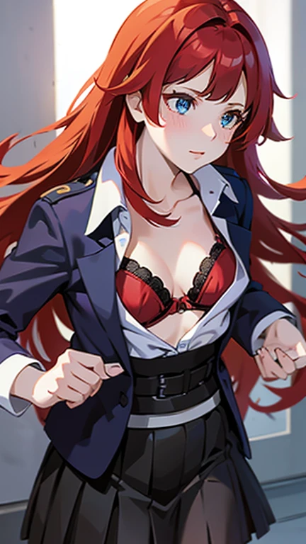 An anime girl with red hair and blue eyes wearing a skirt and an open shirt revealing a black and red bra