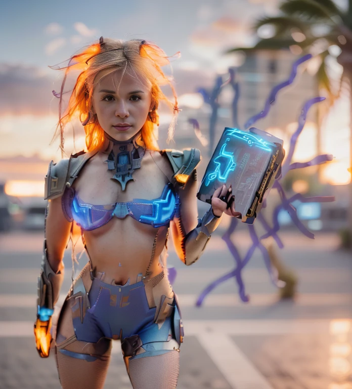 (masterpiece), (extremely intricate:1.3), (realistic), portrait of a girl, the most beautiful in the world, (cyberpunk armor), metal reflections, upper body, outdoors, intense sunlight, professional photograph of a stunning woman detailed, sharp focus, dramatic, award winning, cinematic lighting, octane render unreal engine, volumetrics dtx, (film grain, blurry background, blurry foreground, bokeh, depth of field, sunset, motion blur:1.3), cyberpunk armour with blue neon decourations, blonde hairs, mystic book with lightnings , cyberpunk city at night