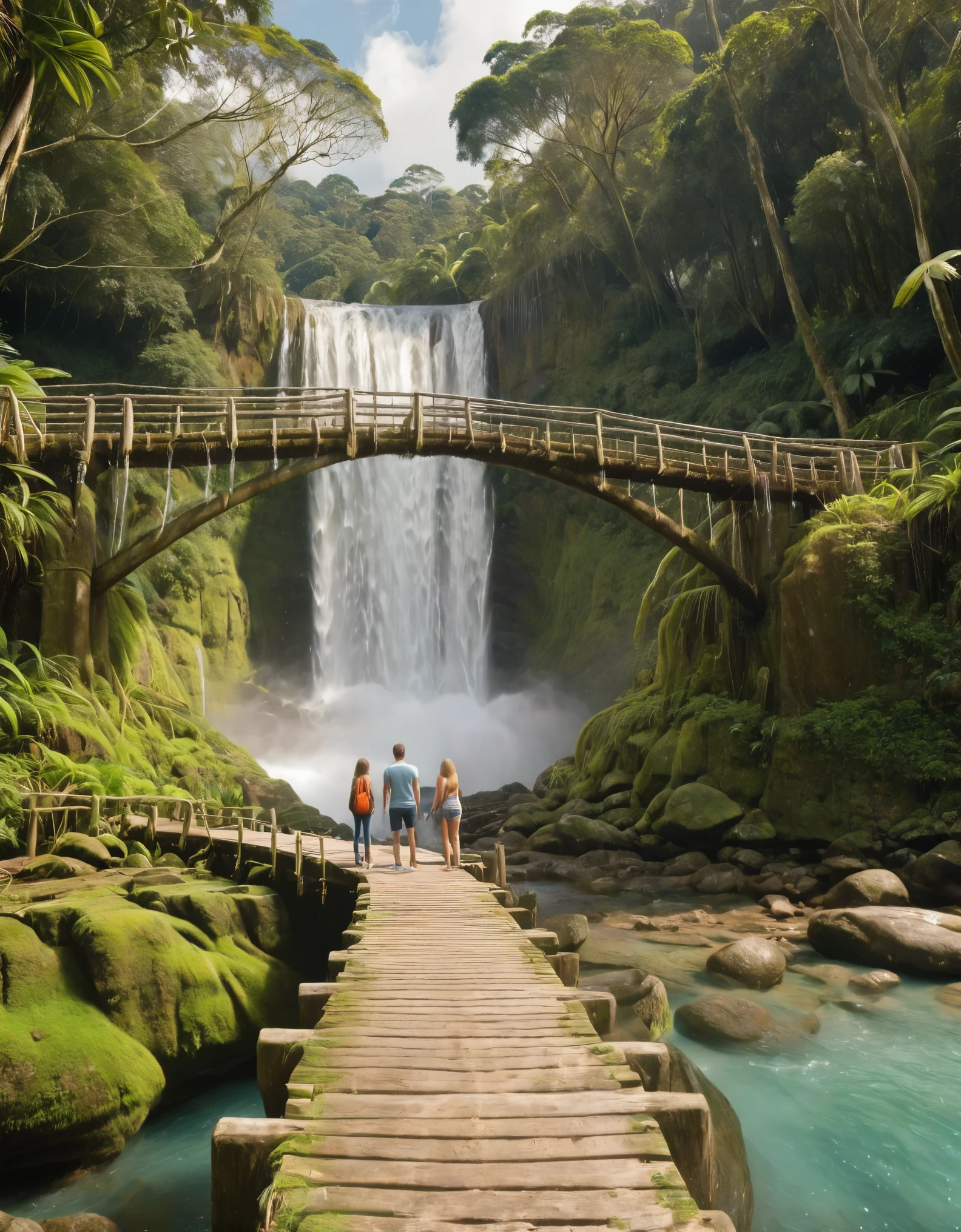 two adventurers, male and female, standing on a rustic wooden bridge in front of a tall, cascading waterfall set in a lush, tropical rainforest. The scene is misty with sunlight filtering through the dense canopy above. Both adventurers are holding giant condoms around their bodies. One is standing with a relaxed posture, looking at the waterfall, while the other is looking at their companion, engaged in conversation. The environment is rich with green foliage and moss-covered rocks, and the atmosphere feels cool and refreshing. The bridge appears worn and natural, made from logs and planks, adding a sense of adventure and exploration. The overall scene should capture a sense of excitement, nature, and tranquility. closeup view, hyper realistic, vibrant colors, 8k