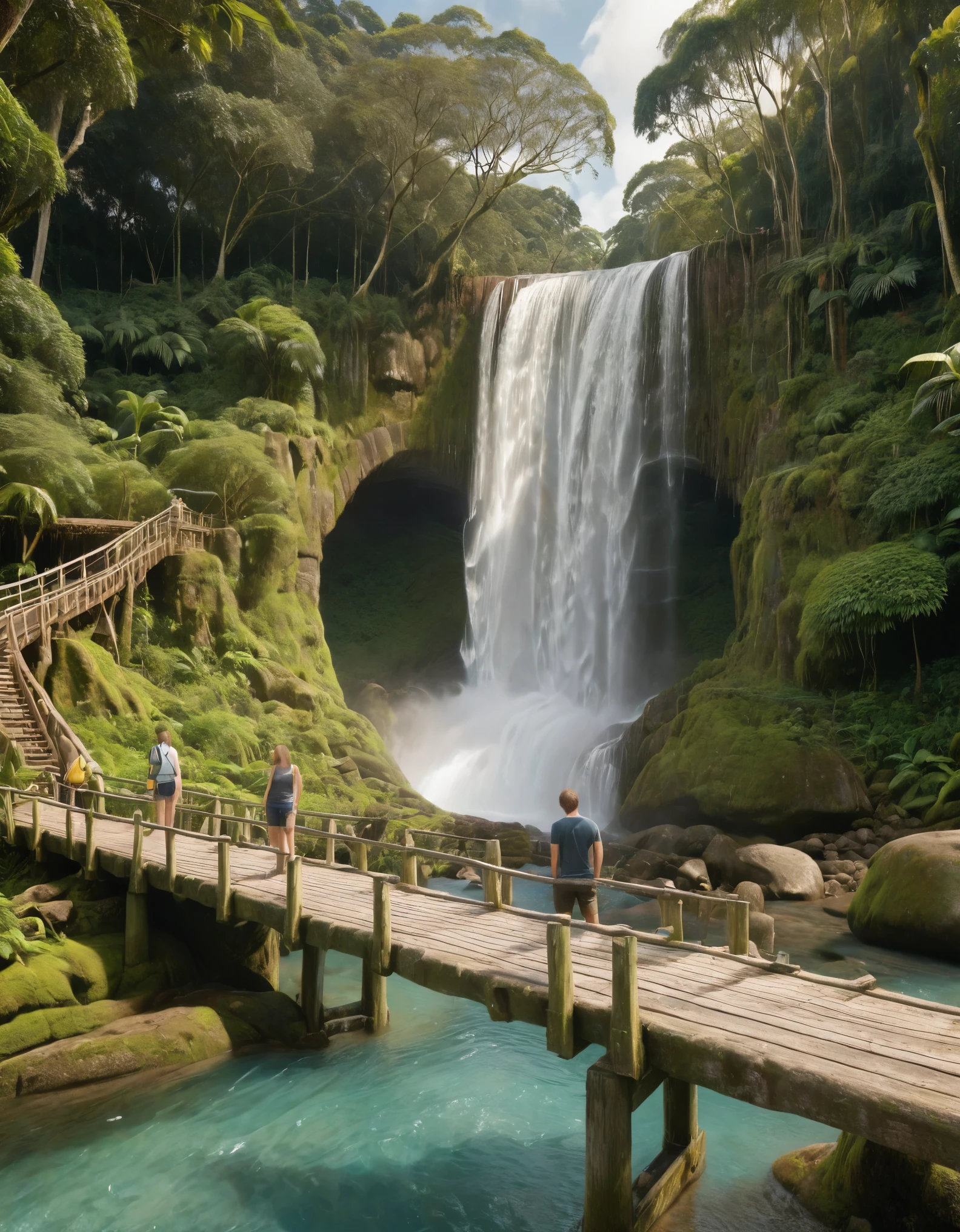 two adventurers, male and female, standing on a rustic wooden bridge in front of a tall, cascading waterfall set in a lush, tropical rainforest. The scene is misty with sunlight filtering through the dense canopy above. Both adventurers are holding giant condoms around their bodies. One is standing with a relaxed posture, looking at the waterfall, while the other is looking at their companion, engaged in conversation. The environment is rich with green foliage and moss-covered rocks, and the atmosphere feels cool and refreshing. The bridge appears worn and natural, made from logs and planks, adding a sense of adventure and exploration. The overall scene should capture a sense of excitement, nature, and tranquility. closeup view, hyper realistic, vibrant colors, 8k