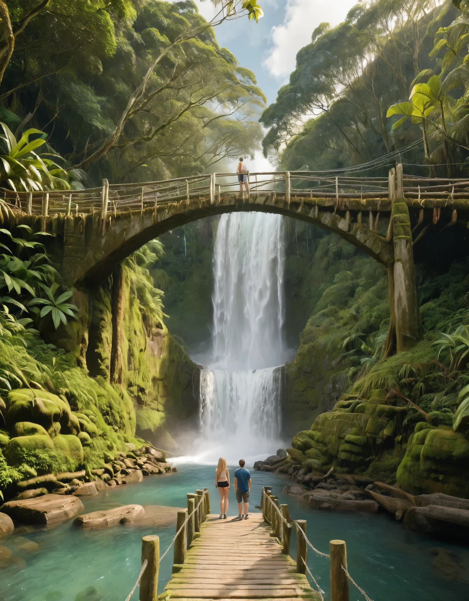 two adventurers, male and female, standing on a rustic wooden bridge in front of a tall, cascading waterfall set in a lush, tropical rainforest. The scene is misty with sunlight filtering through the dense canopy above. Both adventurers are holding giant condoms around their bodies. One is standing with a relaxed posture, looking at the waterfall, while the other is looking at their companion, engaged in conversation. The environment is rich with green foliage and moss-covered rocks, and the atmosphere feels cool and refreshing. The bridge appears worn and natural, made from logs and planks, adding a sense of adventure and exploration. The overall scene should capture a sense of excitement, nature, and tranquility. closeup view, hyper realistic, vibrant colors, 8k