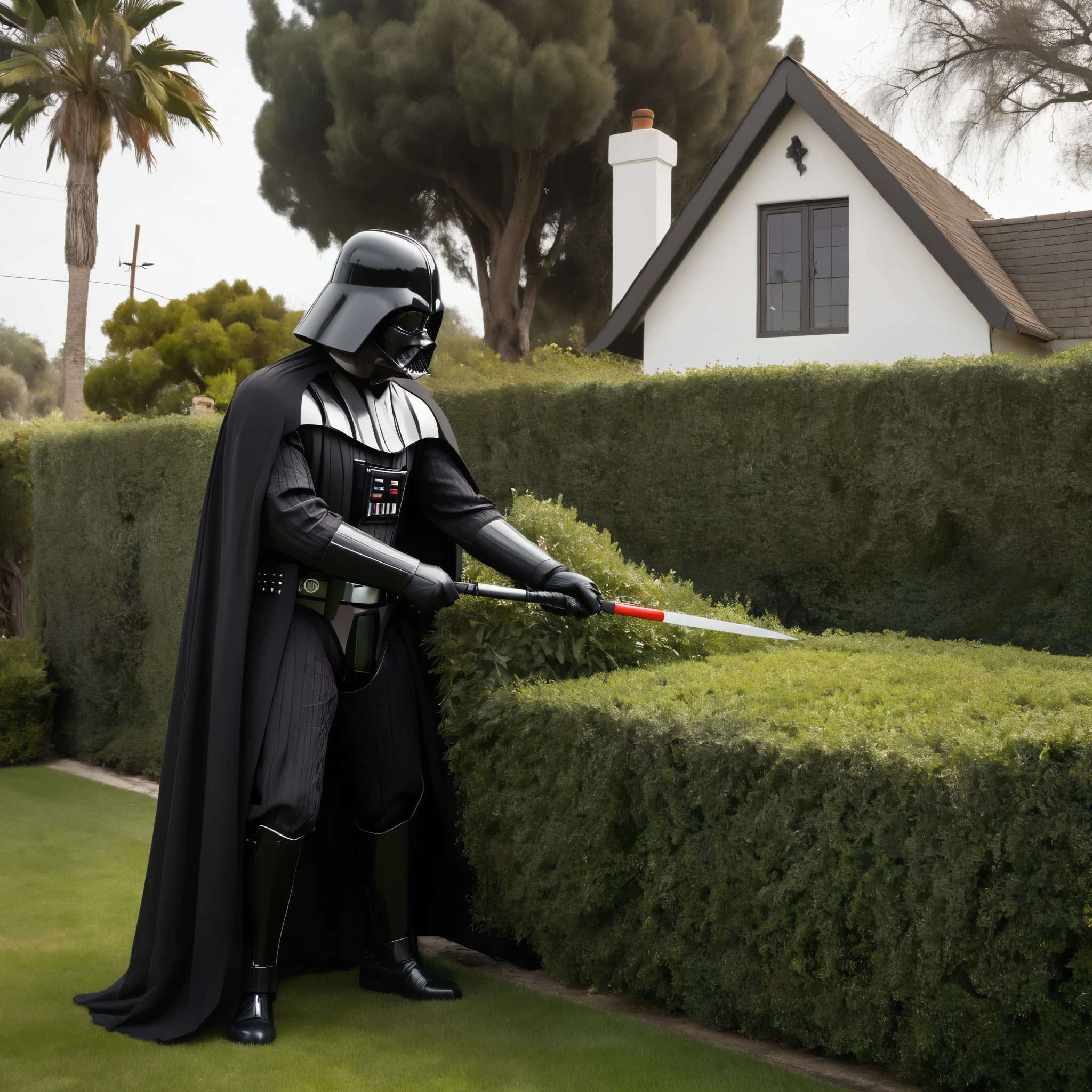 Darth Vader shearing a hedge outside a cottage on the outskirts of Los Angeless.