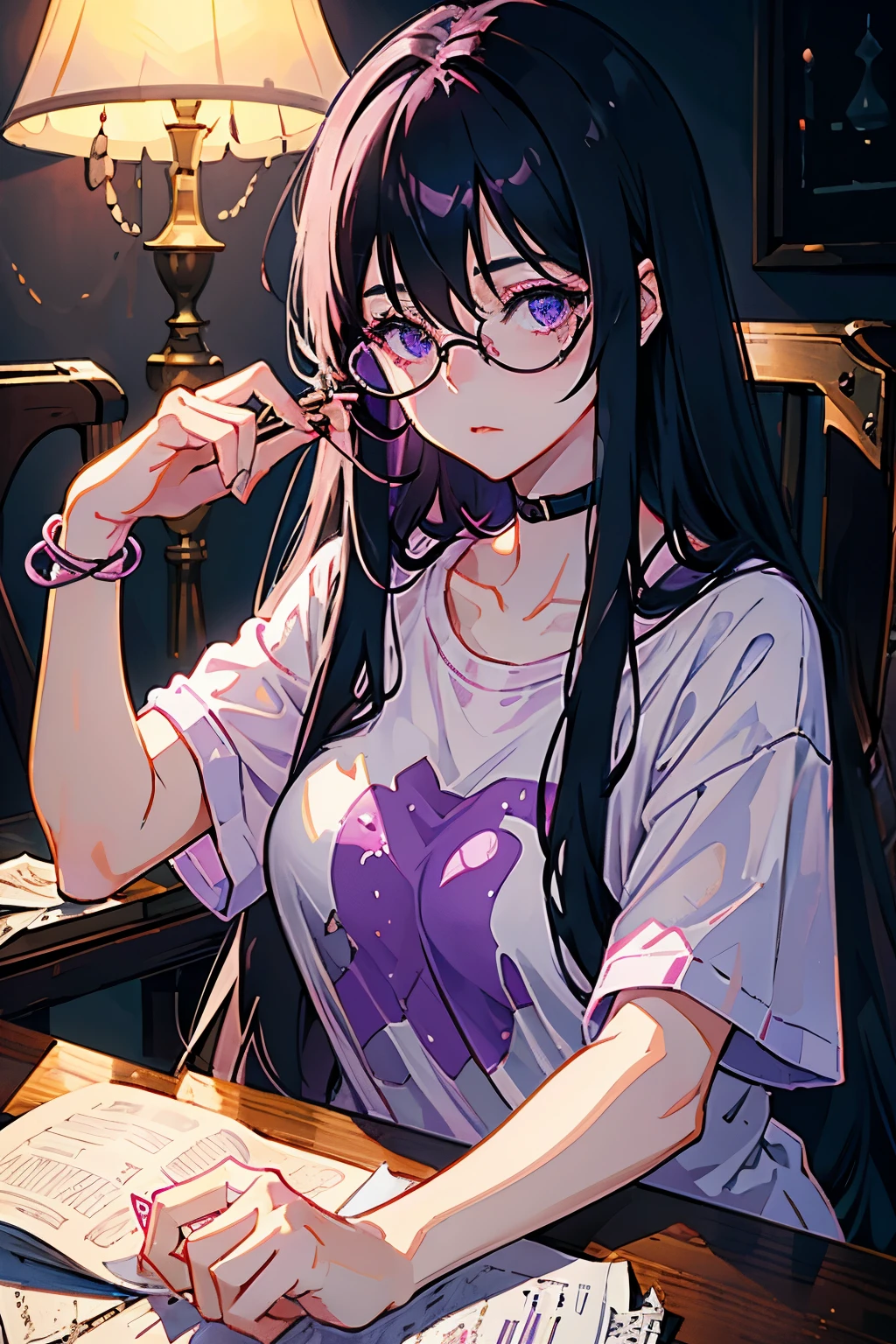 White anime girl with long strands of messy black hair, she is sitting calmly wearing her purple glasses while sewing her pink t-shirt on top of a table, having a cute lamp to help illuminate.